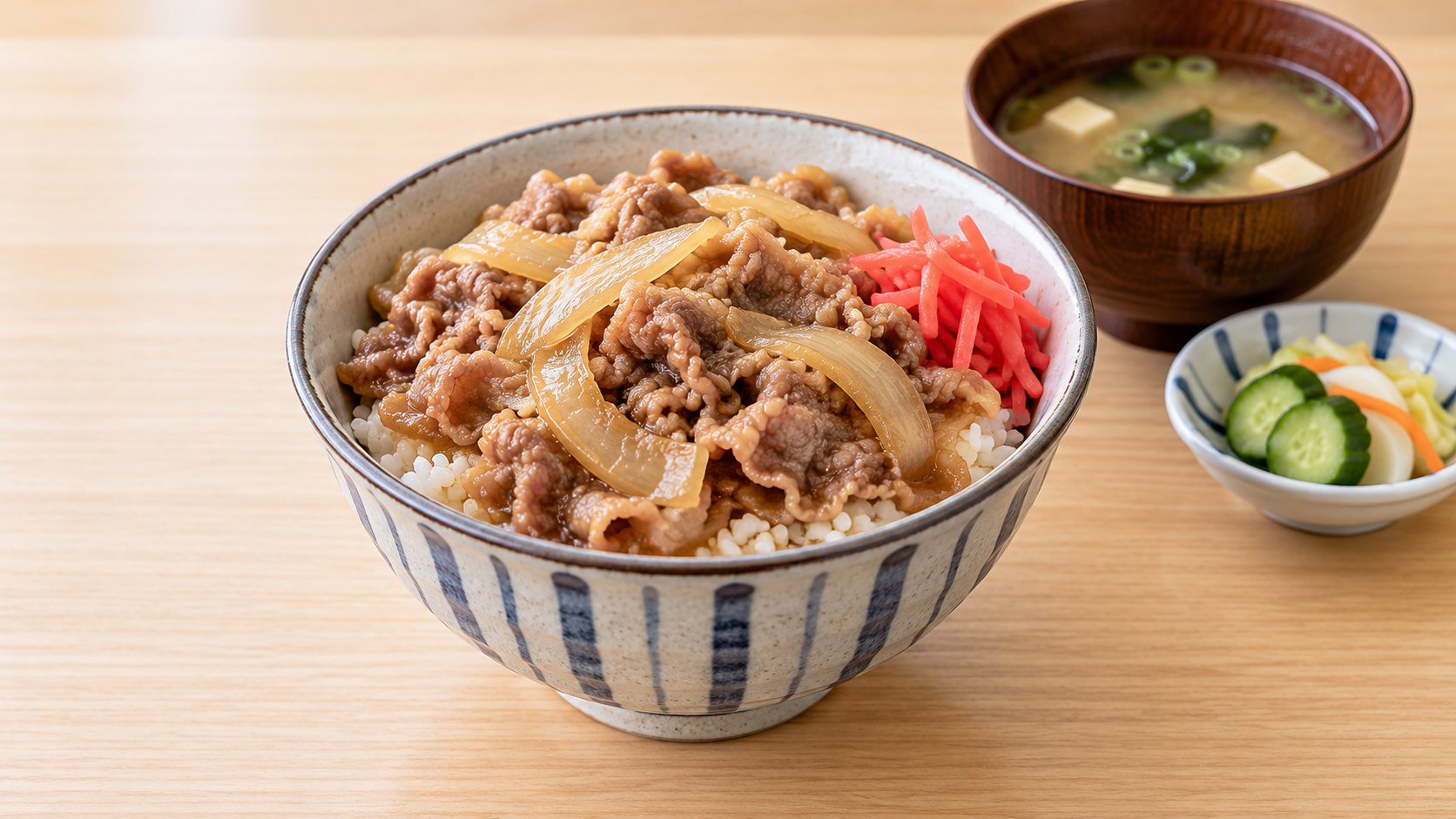 Illustration of a gyudon meal with miso soup and pickles