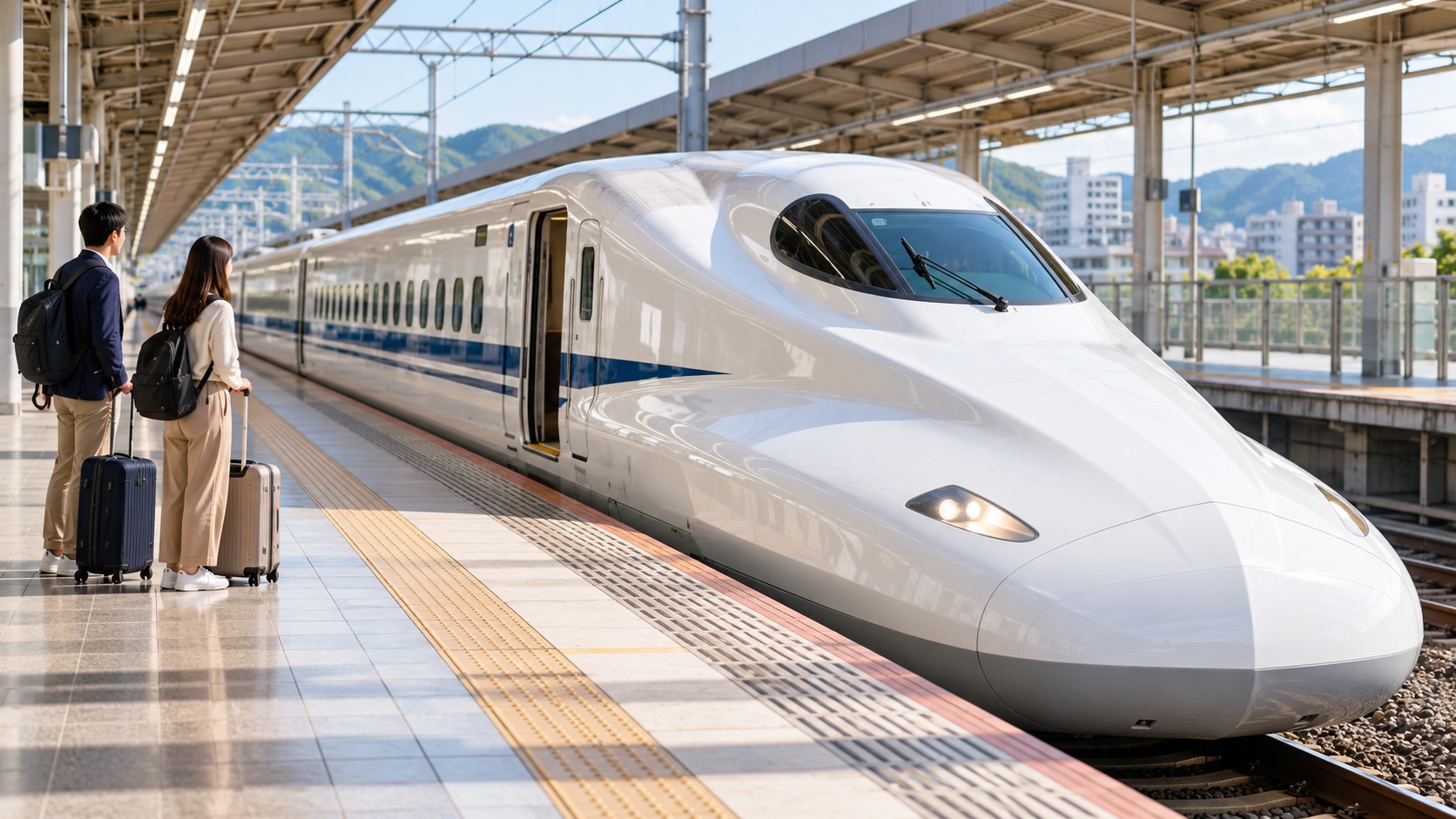 AI-generated illustration of travelers with suitcases beside a fictional high-speed train