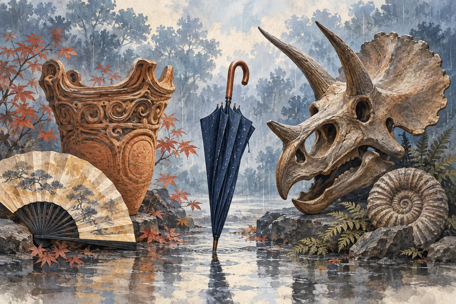 Editorial illustration pairing Japanese pottery and a folding fan with a dinosaur skull and fossil, separated by an umbrella in the rain.