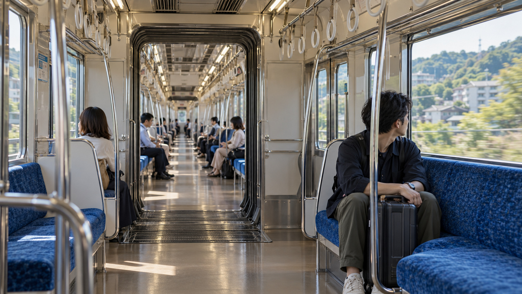 A traveler sits with a suitcase inside a Japanese commuter train while suburban scenery passes outside.