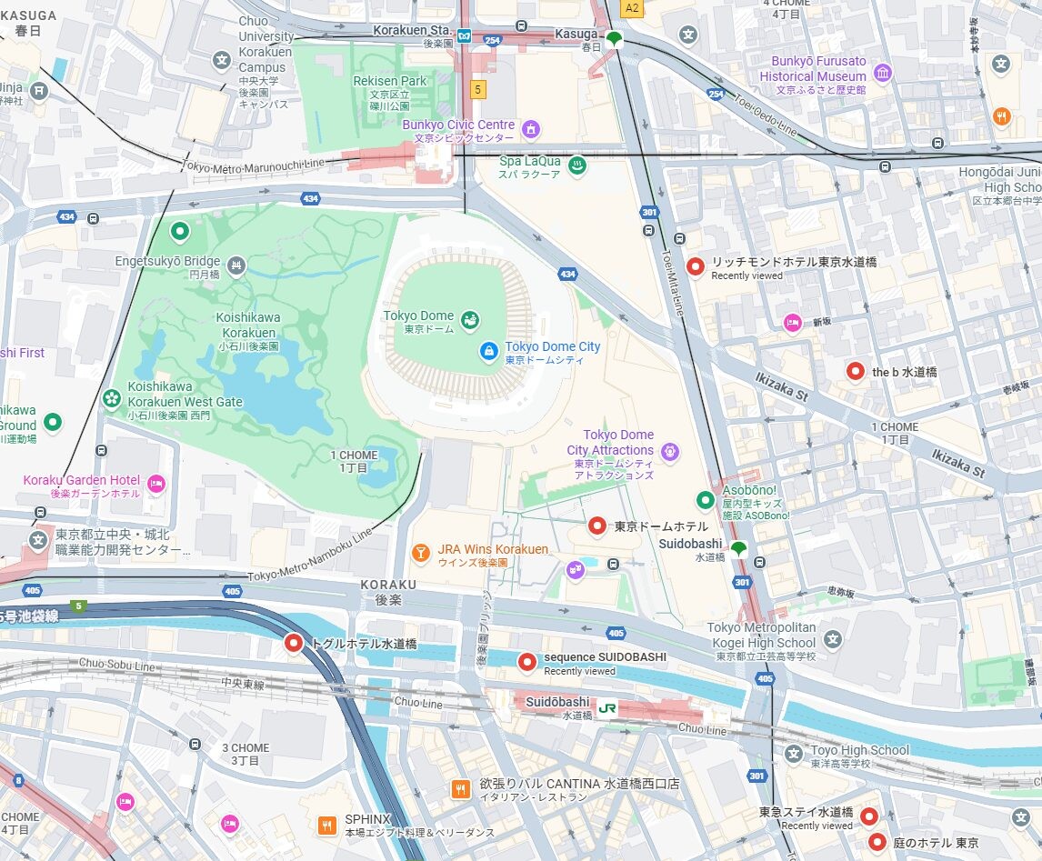 Map of Suidobashi hotels and stations