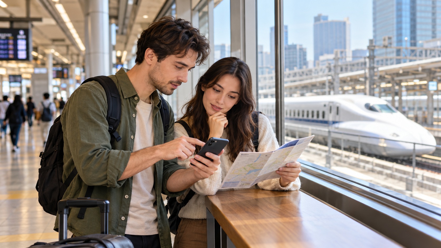 Adult travellers comparing an itinerary beside a fictional rail scene