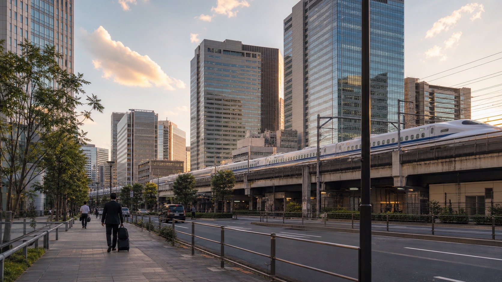 A train on an elevated track beside office buildings